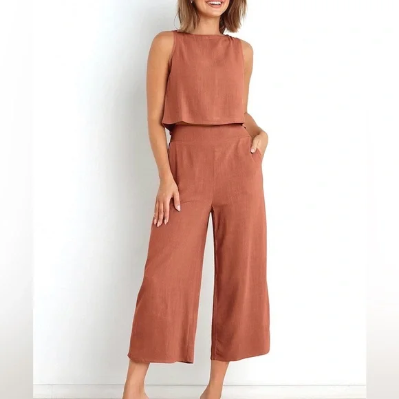 Amazon Anrabess 2 Piece Linen Set Crop Top and Wide Leg Pants Rust Size L - Picture 1 of 8